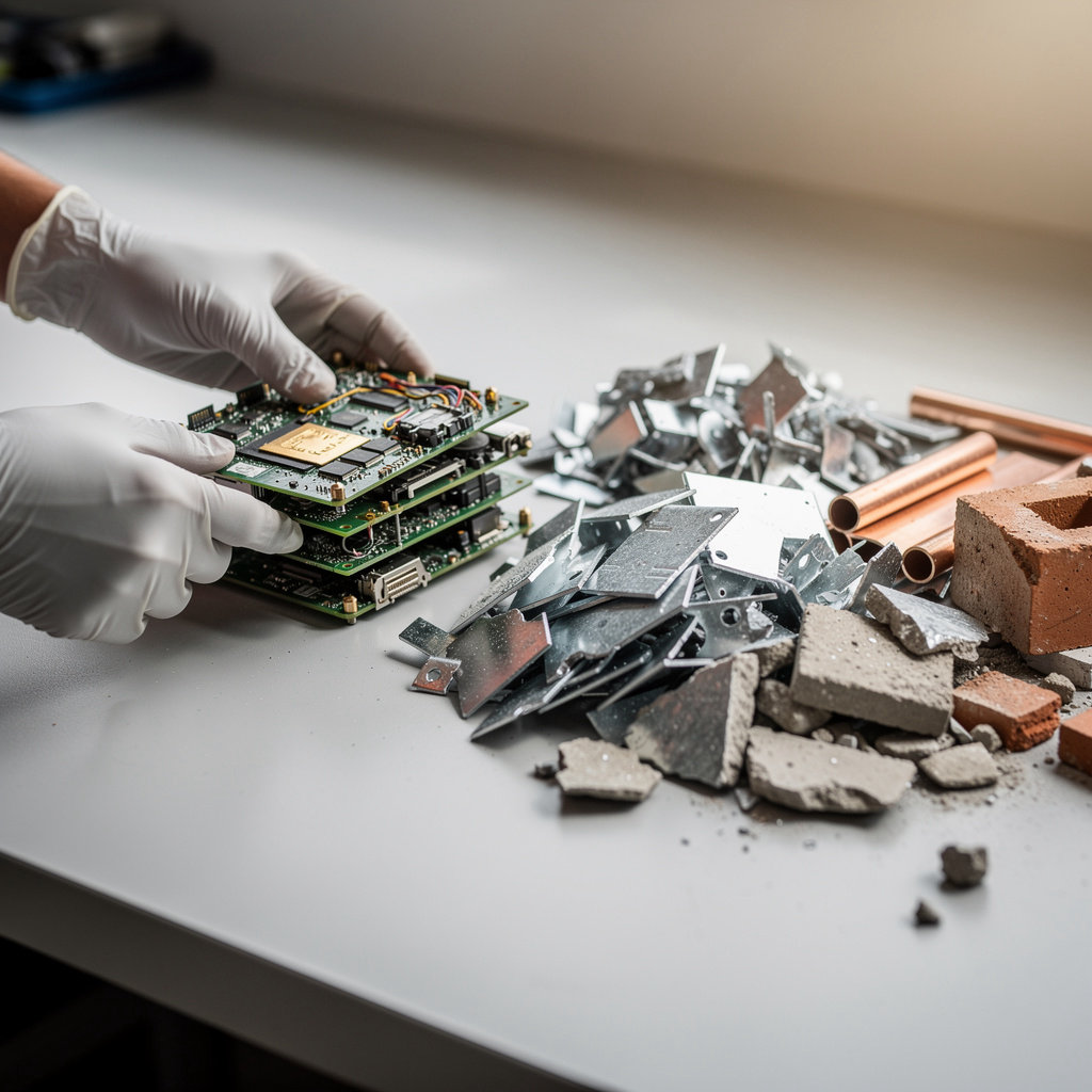 IMS Recycling Services Inc San Diego team sorting various recyclable materials including electronics and metals